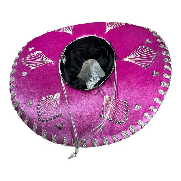 Pink Elaborate Genuine Mexico & Silver Mexican Sombrero Hat 6 3/4 Yepez Velvet - Picture 6 of 12